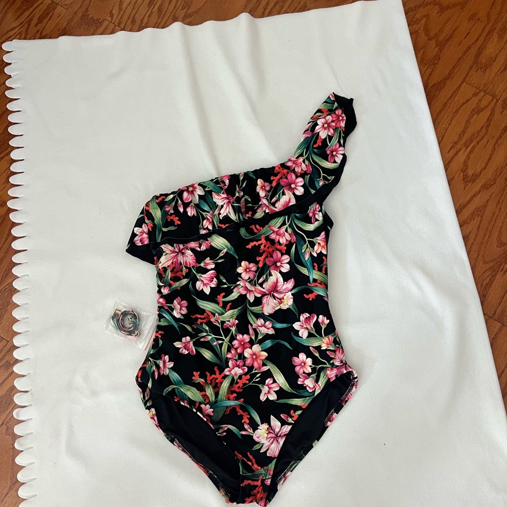Carmen Marc Valvo Black Floral One-Shoulder Swimsuit
